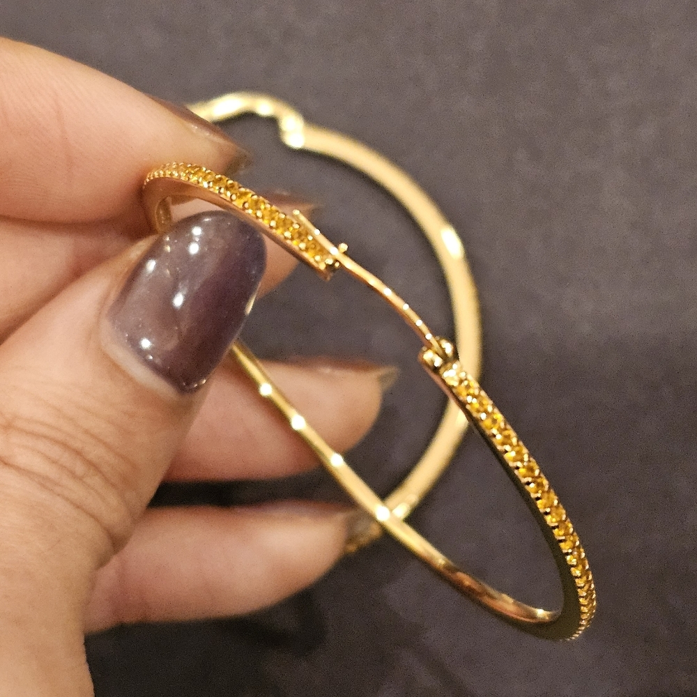 Citrine 2.25" hoop earrings set in 14k gold plated sterling silver. Hinged clasp - Picture 8 of 10